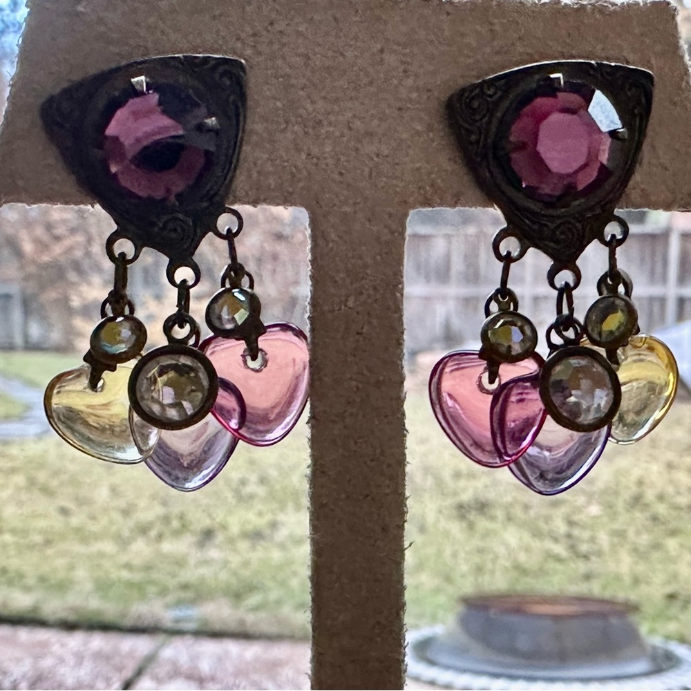 2 pairs heart dangle earrings pink yellow blue + 3" chain earrings